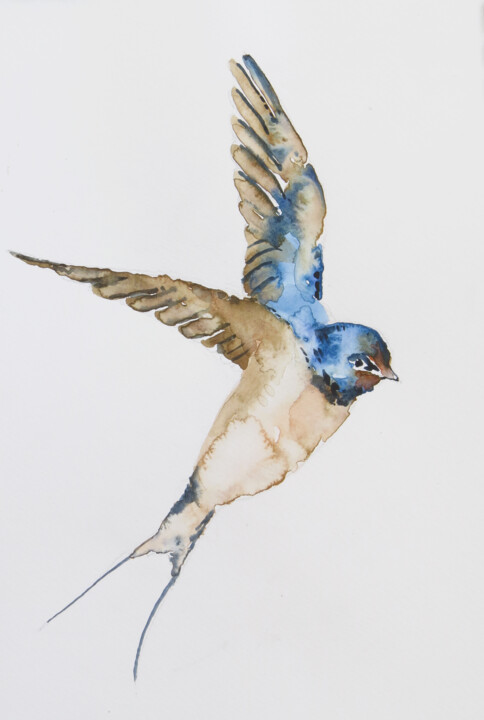 Painting titled "Swallow Bird in Fli…" by Devon, Original Artwork, Watercolor
