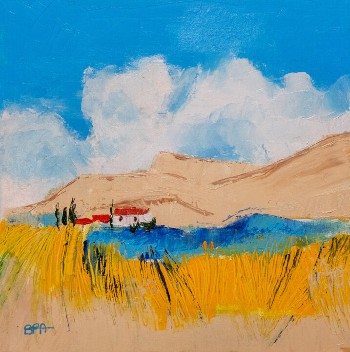 Terres de Provence V - Huile au couteau 绘画, 15.8x15.8 in