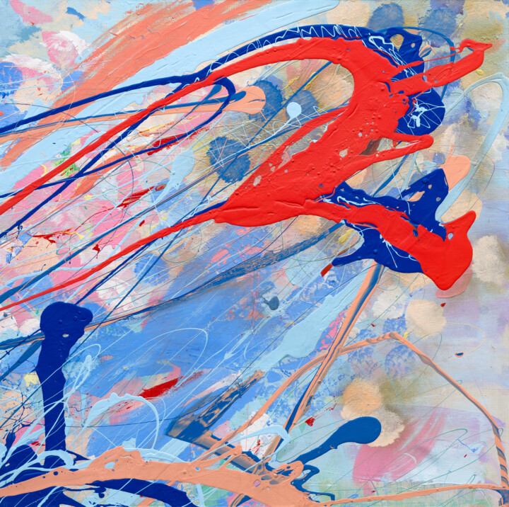 big Abstract Acrylic Painting in Blue and Red 3.1 绘画, 39.4x39.4 in