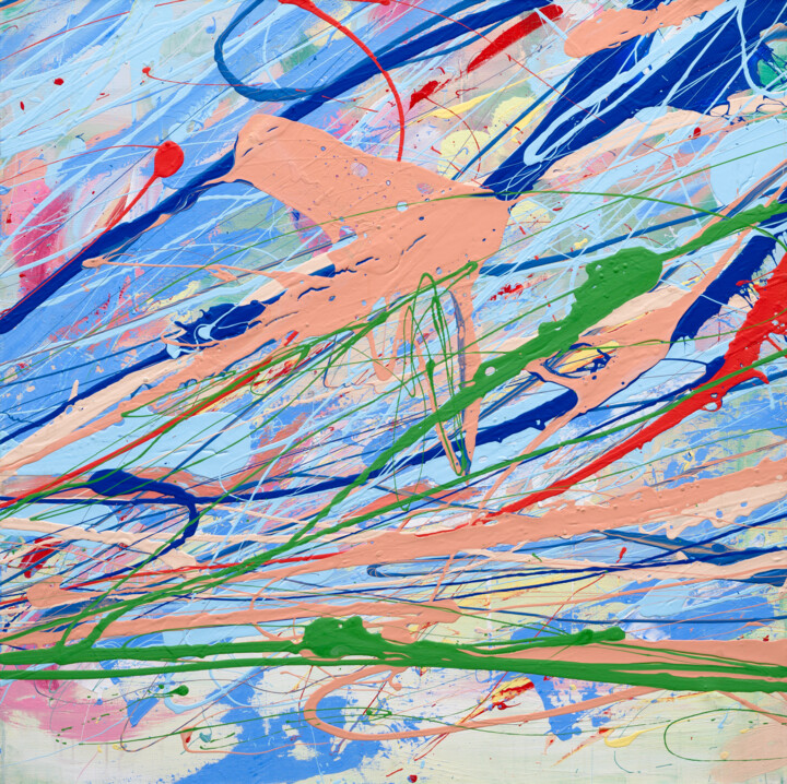 big Abstract Acrylic Painting in Blue and Red 2.2 绘画, 39.4x39.4 in