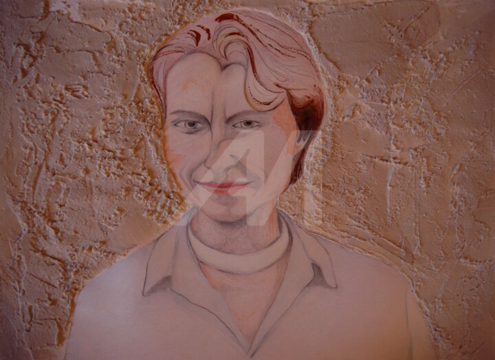 THE LADY WITH A WHITE NECKLACE IN FRONT OF A WALL, drawing 图画, 23.6x17.7 in
