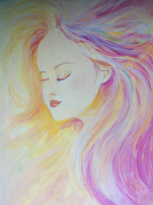 Soul Serenity: An Acrylic Portrait of a Woman in Gentle Hues 绘画, 15.8x11.8 in