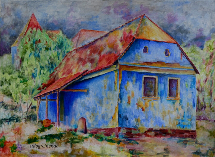 Peinture intitulée "Blaues Haus" par Udo Greiner, Œuvre d'art originale, Acrylique