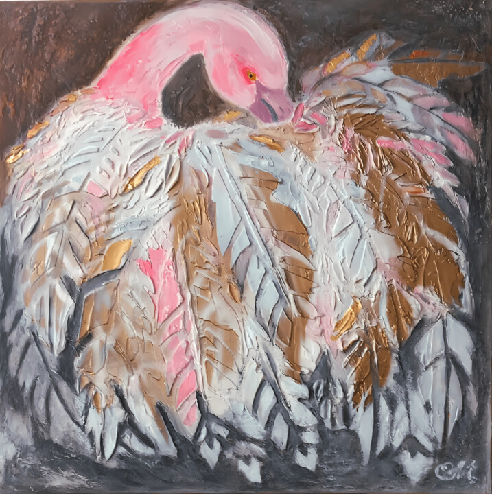 Pink Flamingo Wall Art - Textured Mixed Media Bird Painting 绘画, 15.8x15.8 in