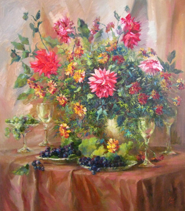 Bouquet with scarlet dahlias. Картина, 33,5x29,5 in