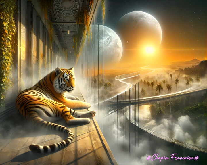 Arts numériques intitulée "repos du tigre cosm…" par Francoise Chopin, Œuvre d'art originale, Image générée par l'IA