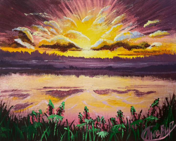 Miniature pink and yellow sunset on the lake Painting, 7.9x9.8 in