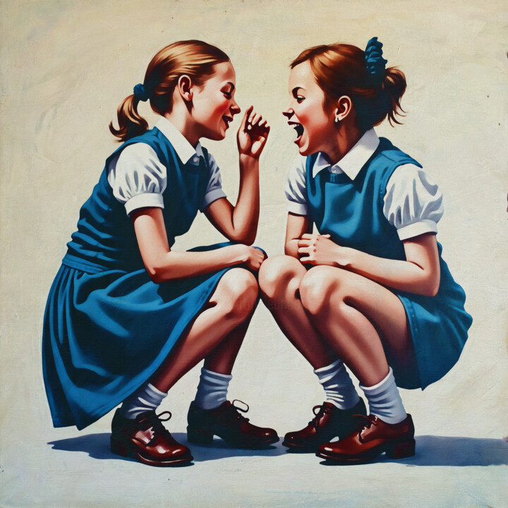 Schilderij getiteld "Two girls gossiping" door Jan Keteleer, Origineel Kunstwerk, Digitaal Schilderwerk Gemonteerd op Houten…