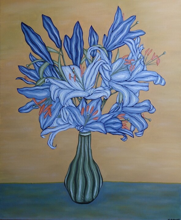 Grand bouquet de lys bleus sur fond jaune Pittura, 28,7x23,6 in