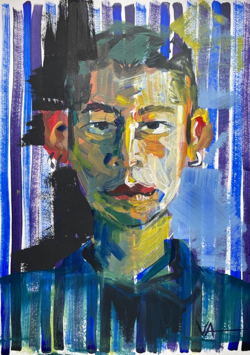 Young Man in stripes. Portrait 42x30 cm 绘画, 16.5x11.7 in