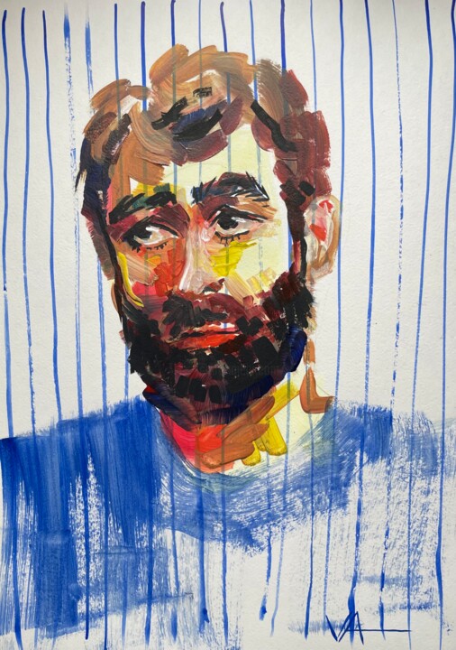 Sad man in stripes. Portraits 30x42 cm 绘画, 16.5x11.7 in