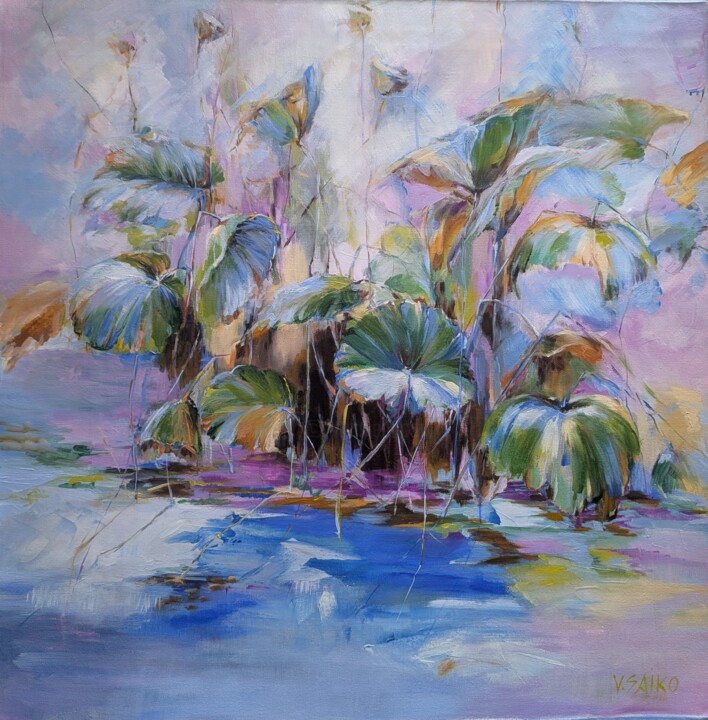 Peinture intitulée "Lotus Leaves. Refle…" par Vera Saiko, Œuvre d'art originale, Huile