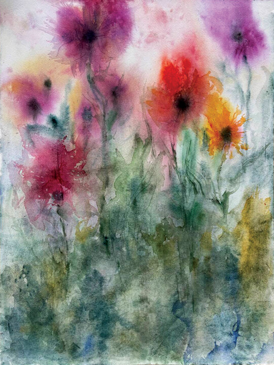 Watercolor wild flowers art – soft floral wall decor 绘画, 18.9x14.2 in