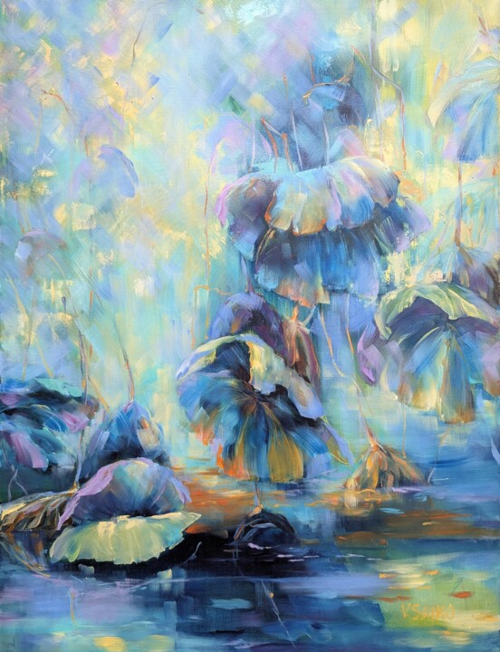 Peinture intitulée "Lotus Leaves. Noont…" par Vera Saiko, Œuvre d'art originale, Huile Monté sur Châssis en bois