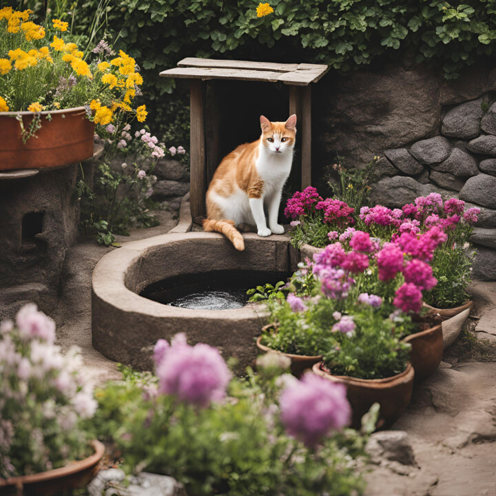 数字艺术 标题为“Cat, Well And Flowe…” 由Nain Tara, 原创艺术品, AI生成的图像