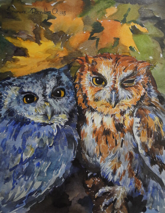 Two owls. Original watercolor in a frame under glass 图画, 13.4x10.6 in