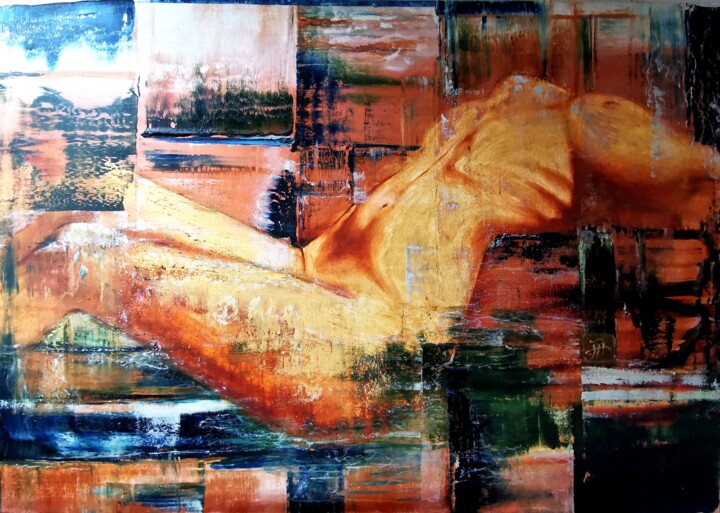 Golden Nude Abstract Oil Painting – Modern Wall Art