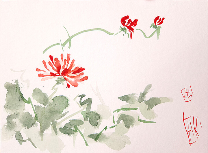 Chrysanthemum. Sumi-e. Watercolor painting Картина, 5,9x8,3 in