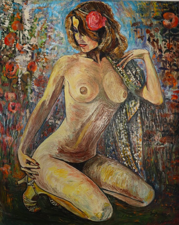 Painting titled "Une Femme - Une Rose" by Jean-Louis Martinez, Original Artwork, Oil Mounted on Wood Stretcher frame