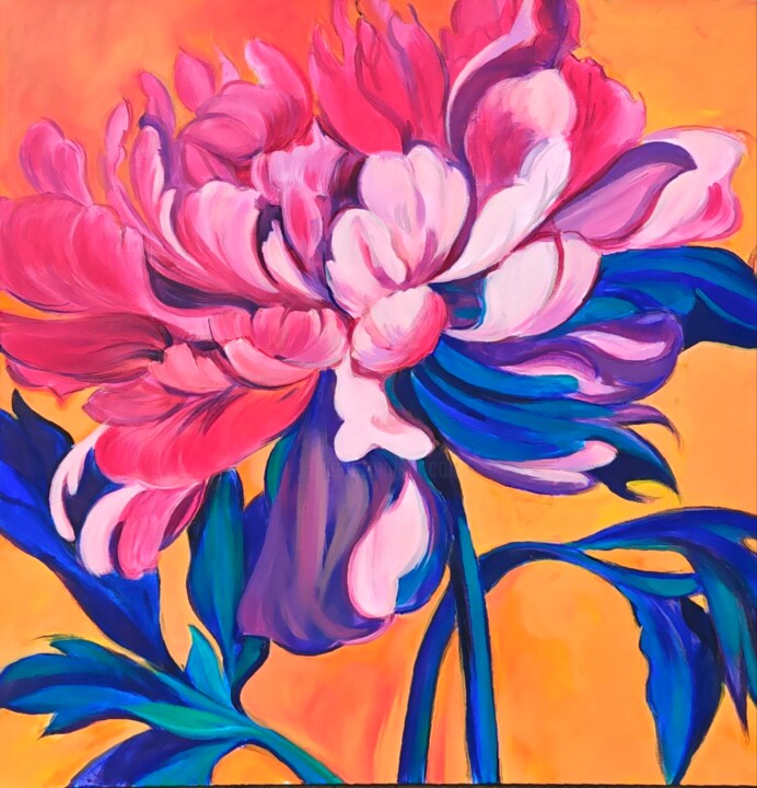 Painting titled "Orange peony" by Aleksandra Romanova, Original Artwork, Acrylic Mounted on Wood Stretcher frame