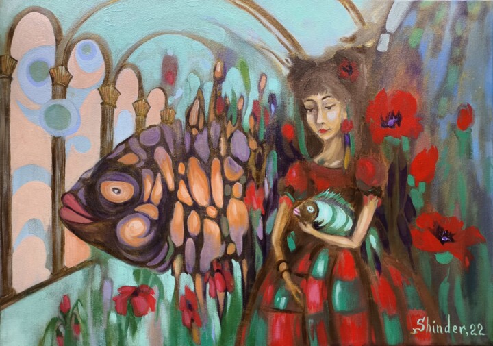 Large Girl Original Fish Oil Painting Surrealism Poppies Art 绘画, 19x27 in