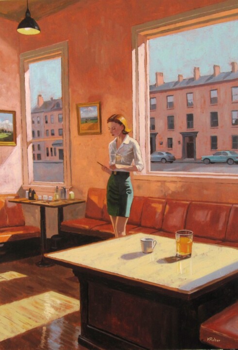 Malerei mit dem Titel "Pause café" von Karol Reber, Original-Kunstwerk, Öl Auf Keilrahmen aus Holz montiert