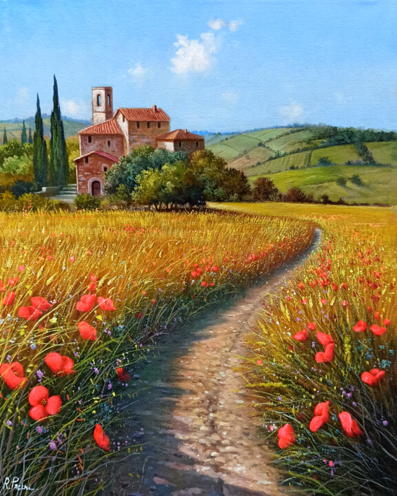 Towards the hamlet - Tuscany painting landscape 미술작품, 19.7x15.8 in