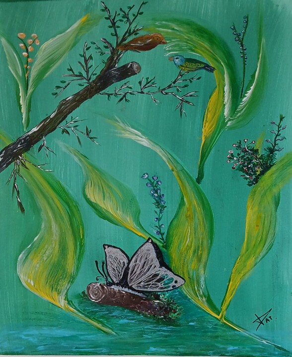 Painting titled "Verdure bucolique" by Patricia Poulot, Original Artwork, Acrylic Mounted on Wood Stretcher frame