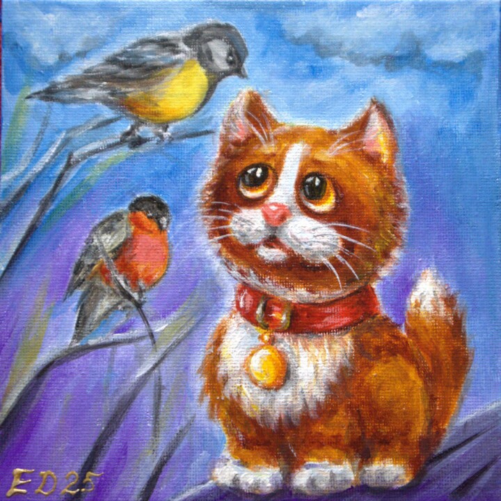 Cat and birds "When spring comes?" 绘画, 5.9x5.9 in
