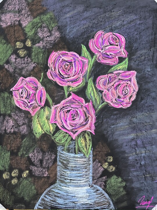Pink Roses in Stillness 绘画, 19.7x25.6 in