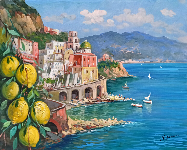 Pintura intitulada "Blue sea and lemons…" por Vincenzo Somma, Obras de arte originais, Óleo Montado em Armação em madeira