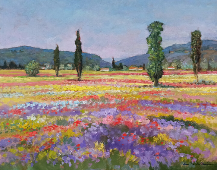 Painting titled "Flowery countryside…" by Biagio Chiesi, Original Artwork, Oil Mounted on Wood Panel