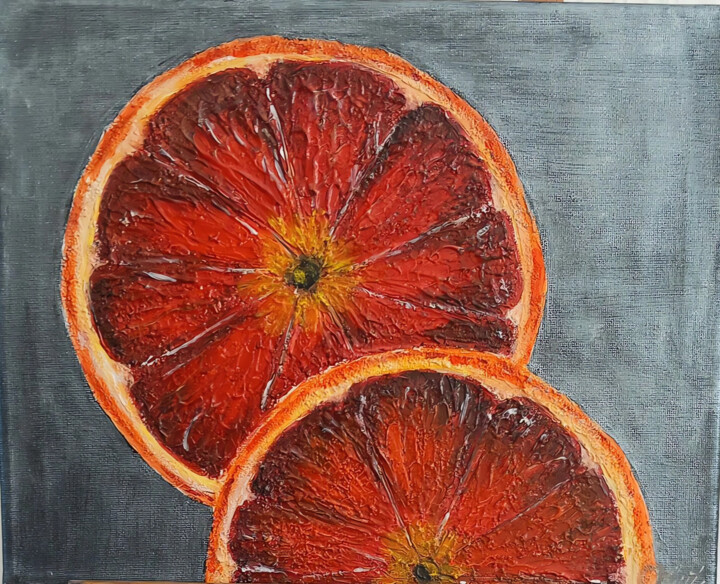Citrus Reverie - Textured Red Orange Acrylic Print on Grey 绘画, 9.5x11.8 in