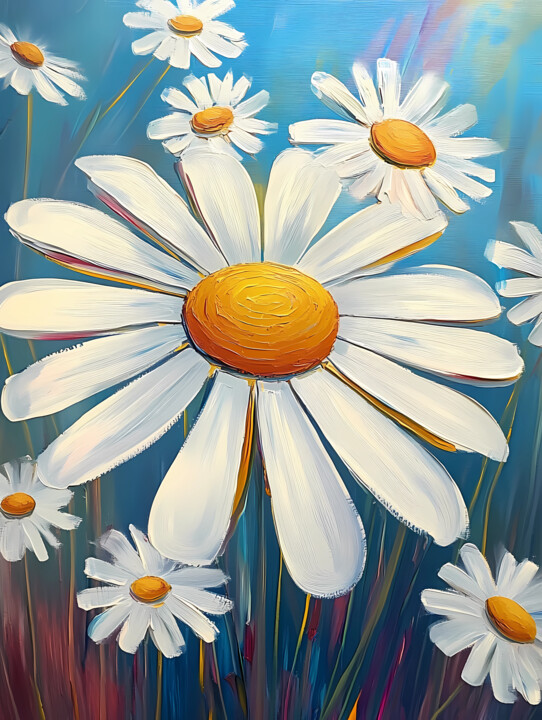 Sunlit Giant Daisy Field – Digital Painting, Bright Summer 数字艺术