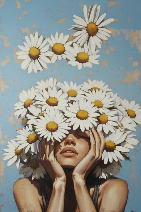 Summer Woman with Daisies, sky color 数字艺术