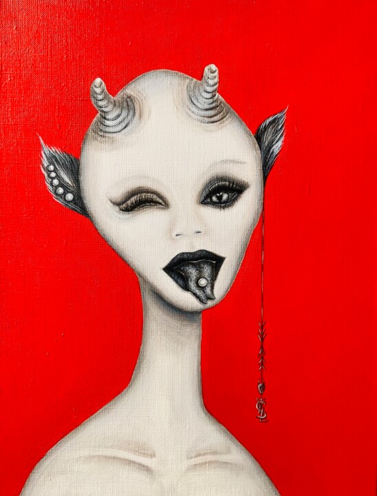 Monochrome portrait of a girl with horns on a red background Pittura, 15,8x11,8 in
