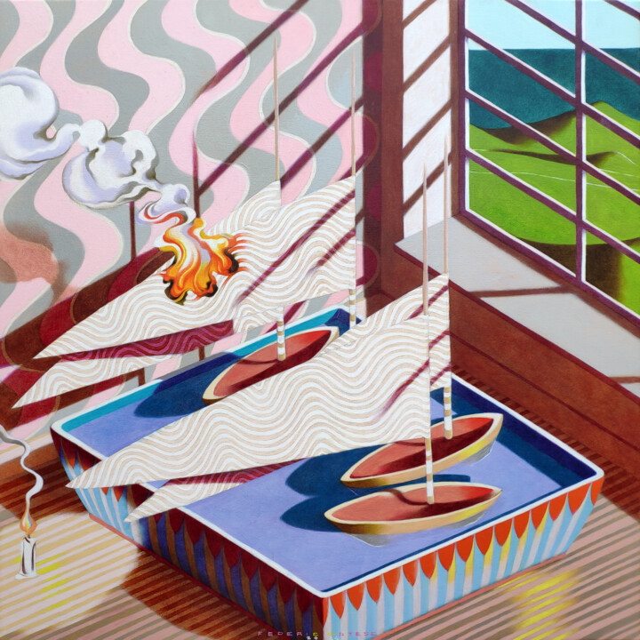 Painting titled "Fire to the ships" by Federico Cortese, Original Artwork, Oil Mounted on Wood Stretcher frame