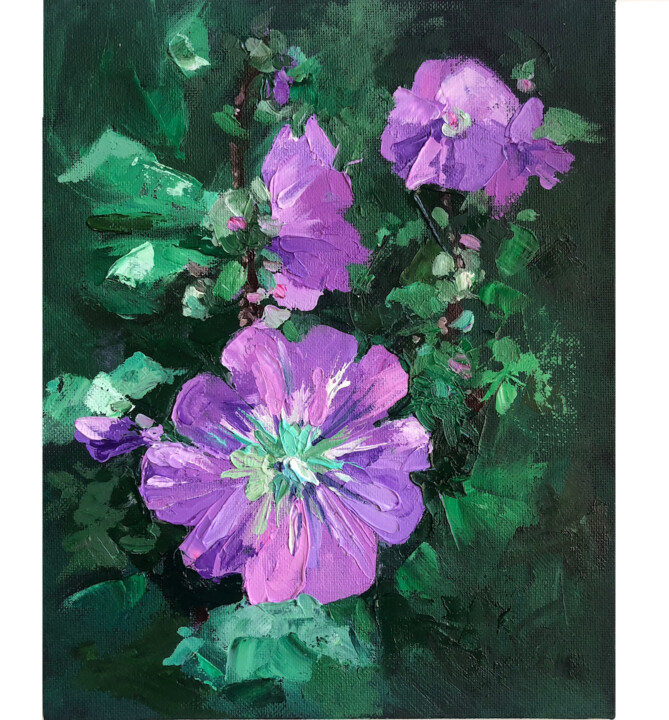 Painting titled "Hollyhock Bloom" by Elena Afanaseva, Original Artwork, Oil Mounted on Cardboard