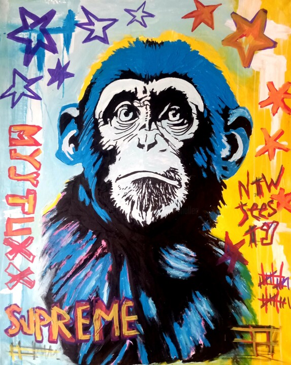 Painting titled "Supreme Chimpanzee" by Ole Müller, Original Artwork, Acrylic Mounted on Wood Stretcher frame