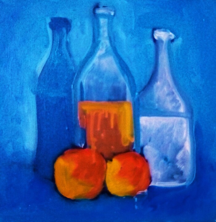 BOTTLES AND PEACHES 绘画, 16.9x15.8 in