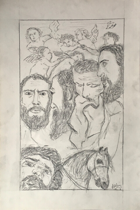 Étude de visages masculins, d'anges et de tête de cheval Desenho, 15,9x11,6 in