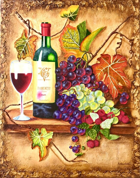 Wine and Grapes 绘画, 20x16 in