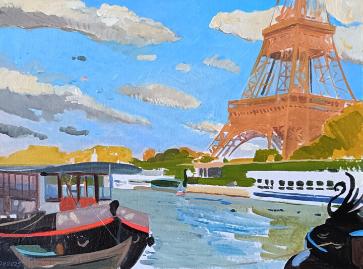 Peinture intitulée "Tour Eiffel et port…" par Orest Hrytsak, Œuvre d'art originale, Acrylique