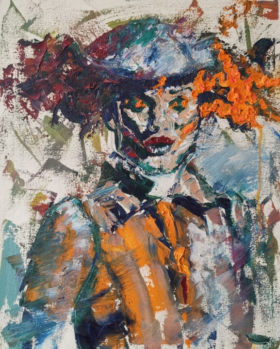 Portrait. Girl. Dynamics. Expression. Red. Cap. Curls 绘画, 19.7x15.8 in