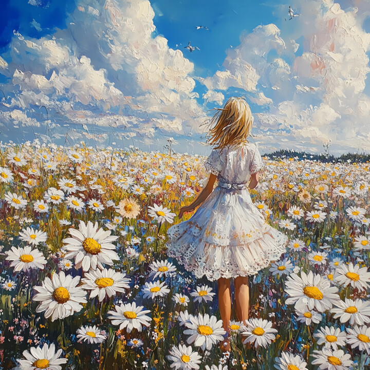 Girl in a Field of Daisies – Dreaming in Summer Clouds 数字艺术