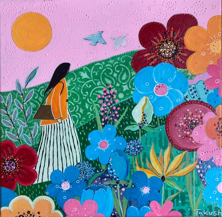 Painting titled "Summer Paradies" by Takush, Original Artwork, Acrylic Mounted on Wood Stretcher frame