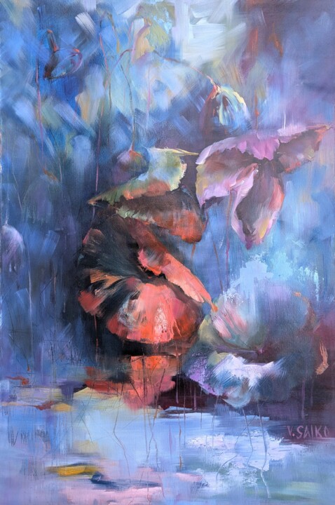 Peinture intitulée "Lotus Leaves. Midni…" par Vera Saiko, Œuvre d'art originale, Huile Monté sur Châssis en bois