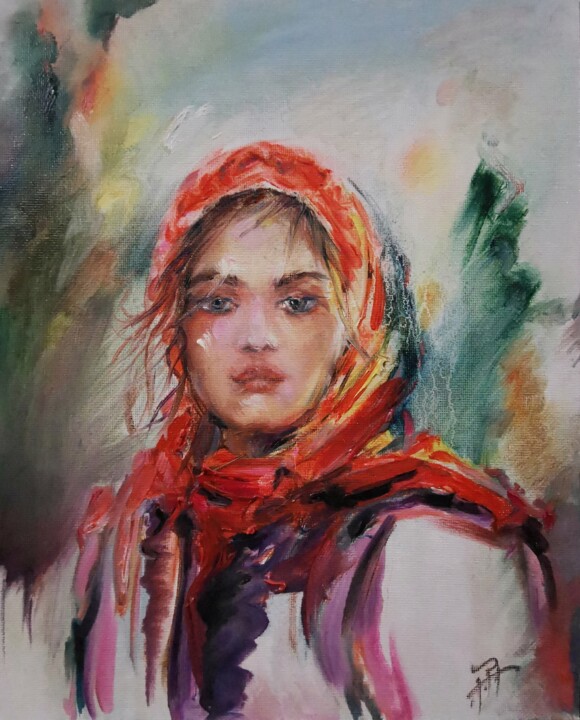 Red Scarf Portrait – Emotional Oil Painting on Canvas Board