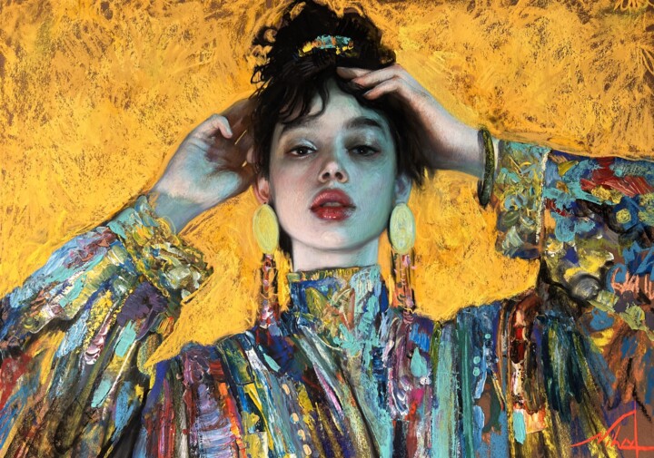 Картина под названием "Golden Soul" - Nihad Aghazadeh, Подлинное произведение искусства, Пастель Установлен на картон