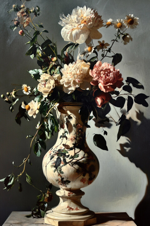 "Summer still life with peonies and daisies" 数字艺术